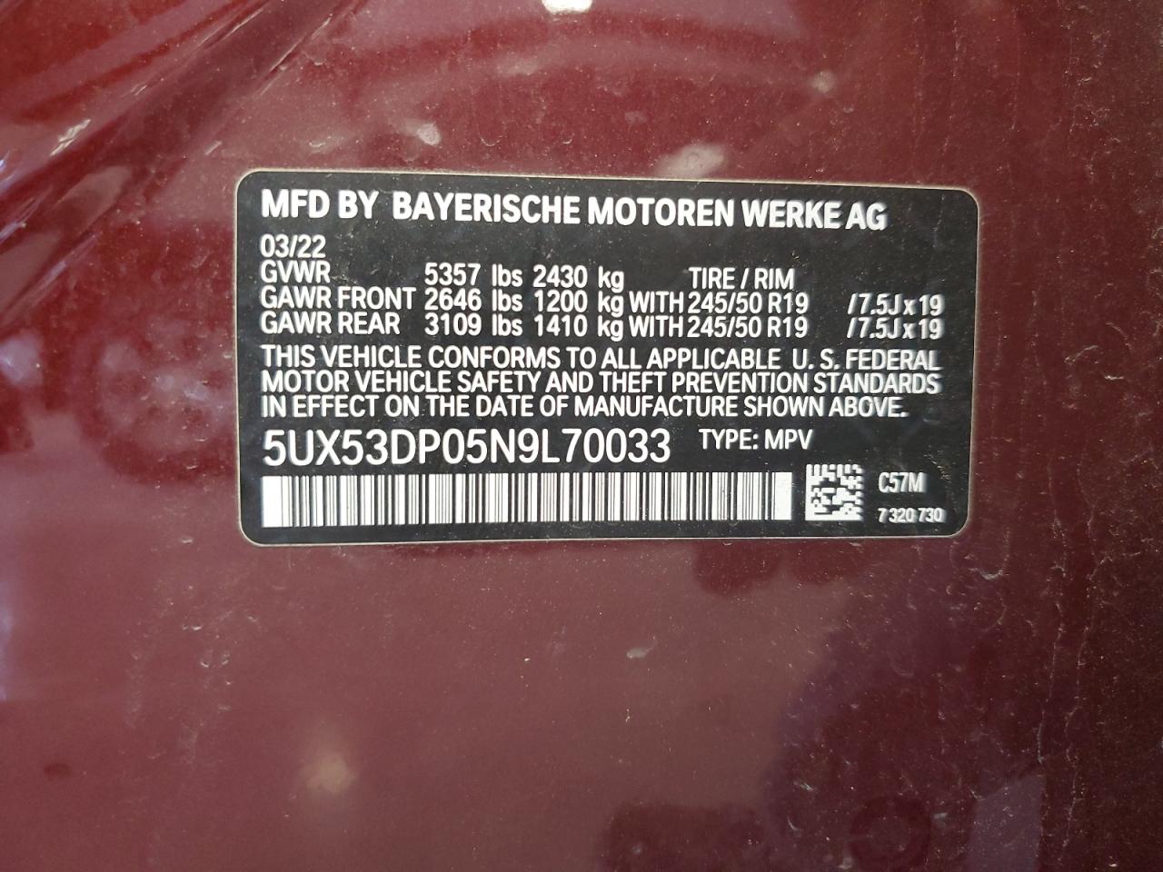 2022 BMW X3 xDrive30I VIN: 5UX53DP05N9L70033 Lot: 64095104