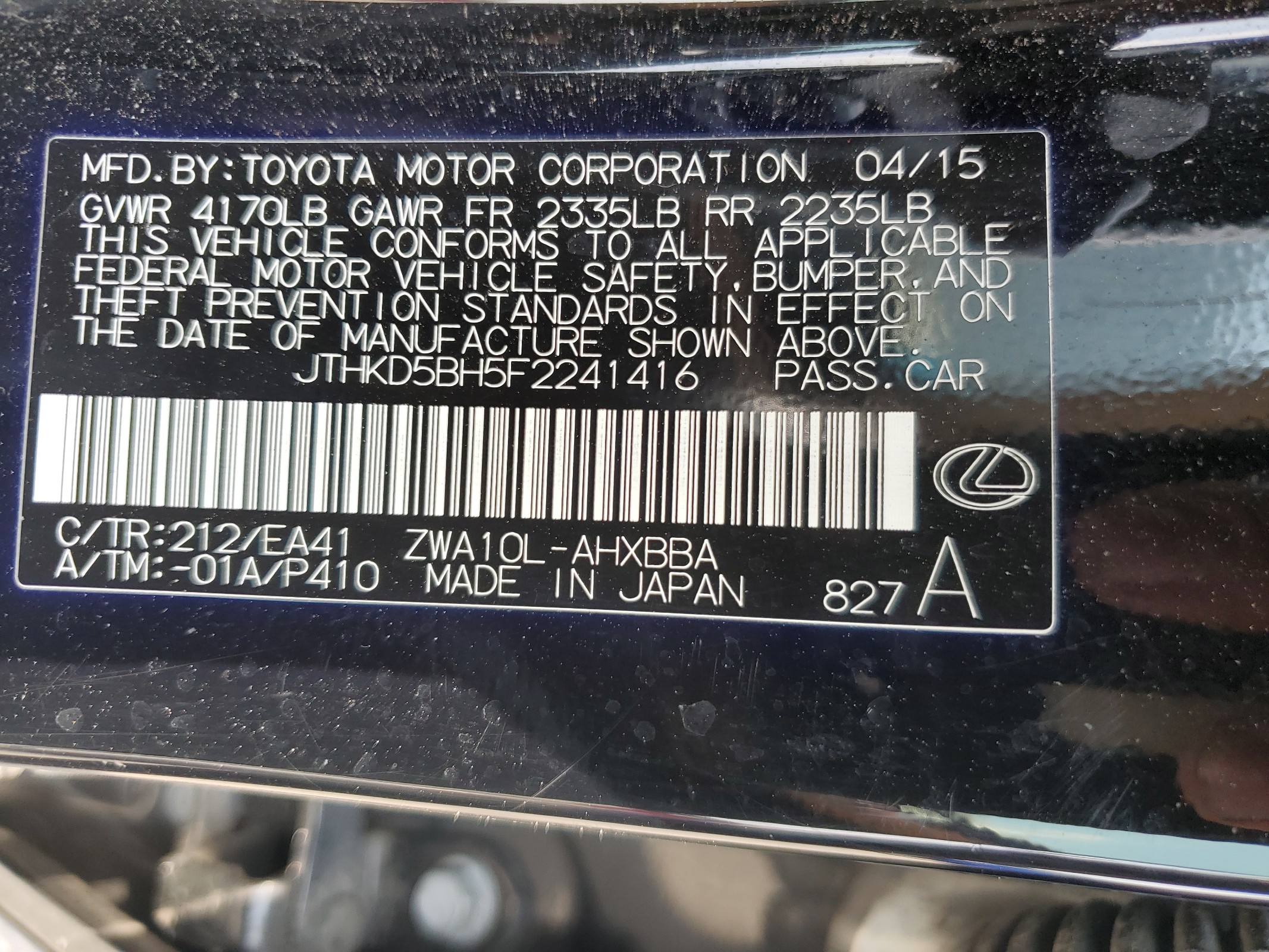 JTHKD5BH5F2241416 2015 Lexus Ct 200