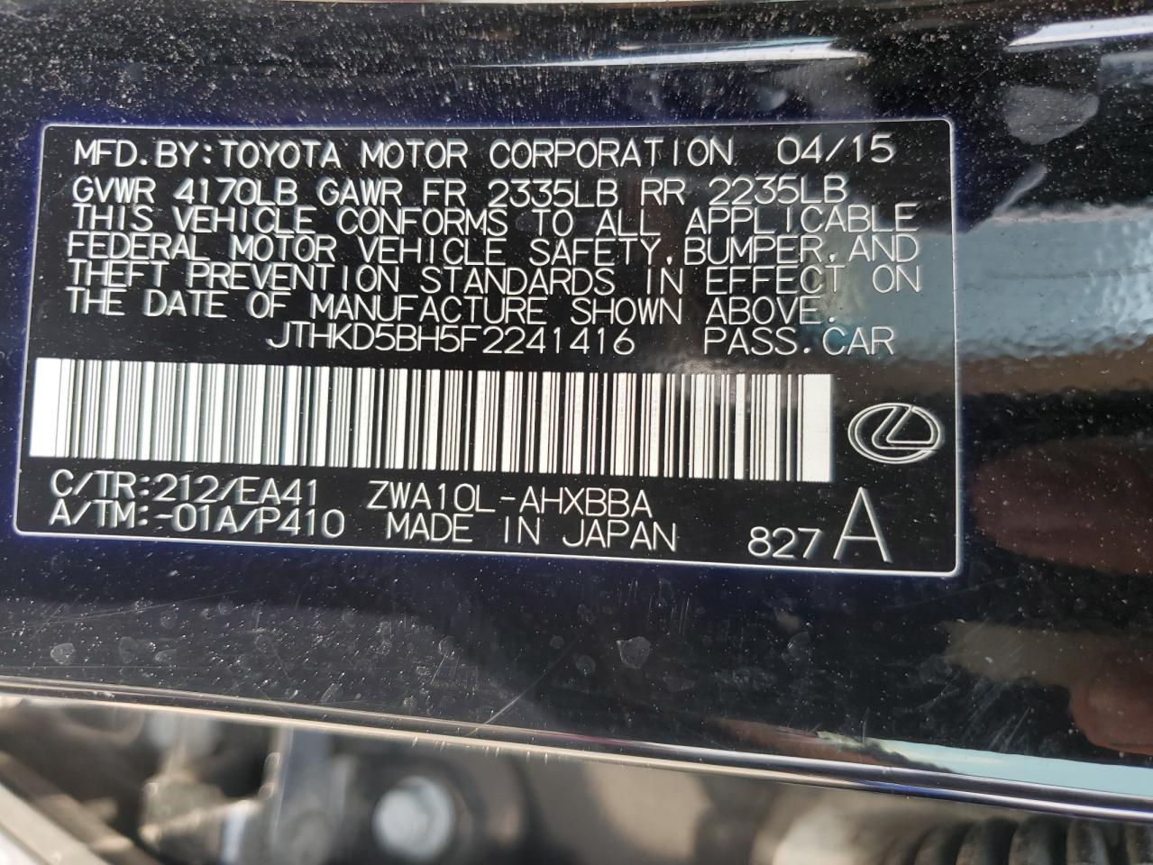 2015 Lexus Ct 200 VIN: JTHKD5BH5F2241416 Lot: 63220844