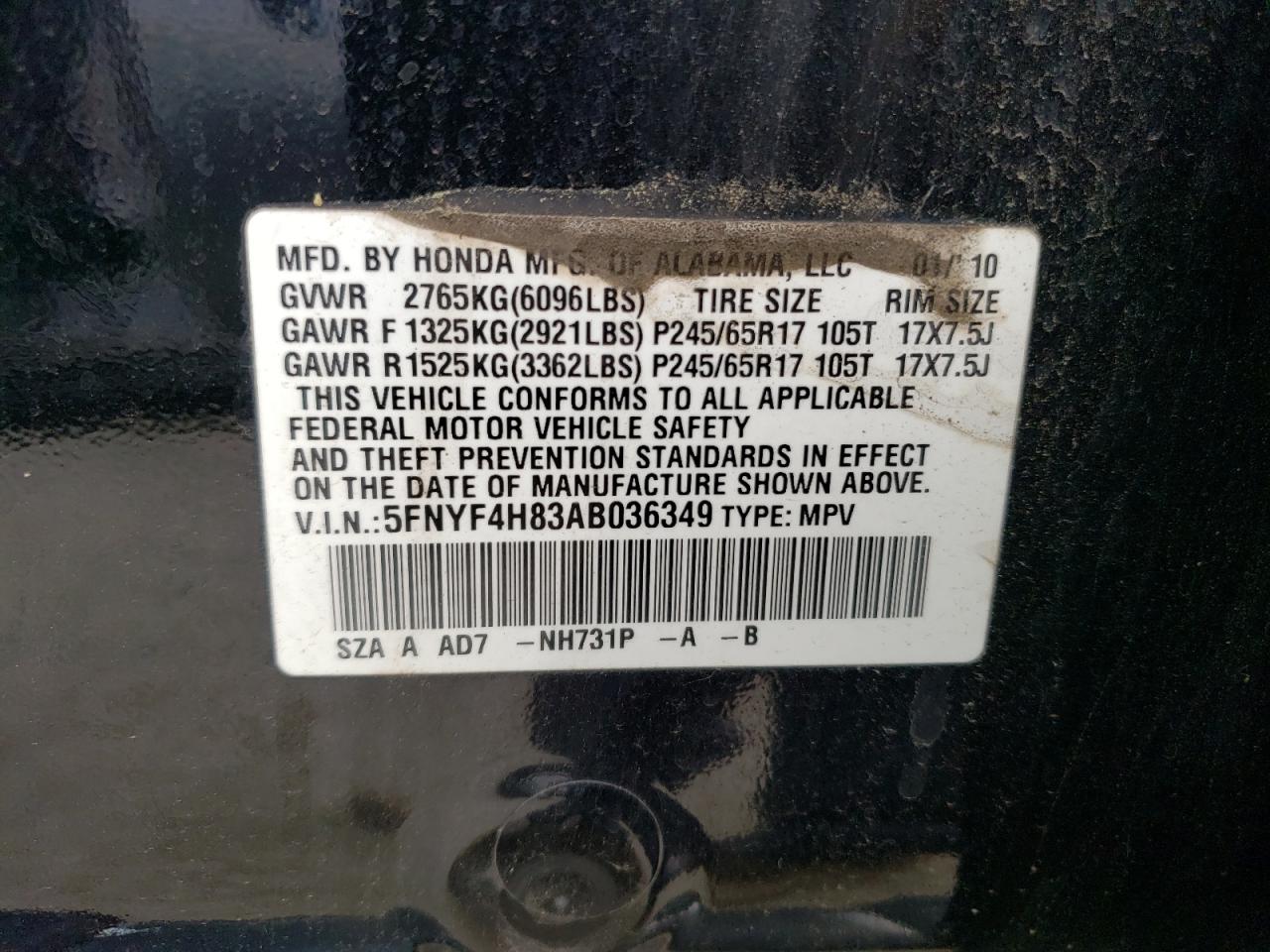 2010 Honda Pilot Touring VIN: 5FNYF4H83AB036349 Lot: 65323714
