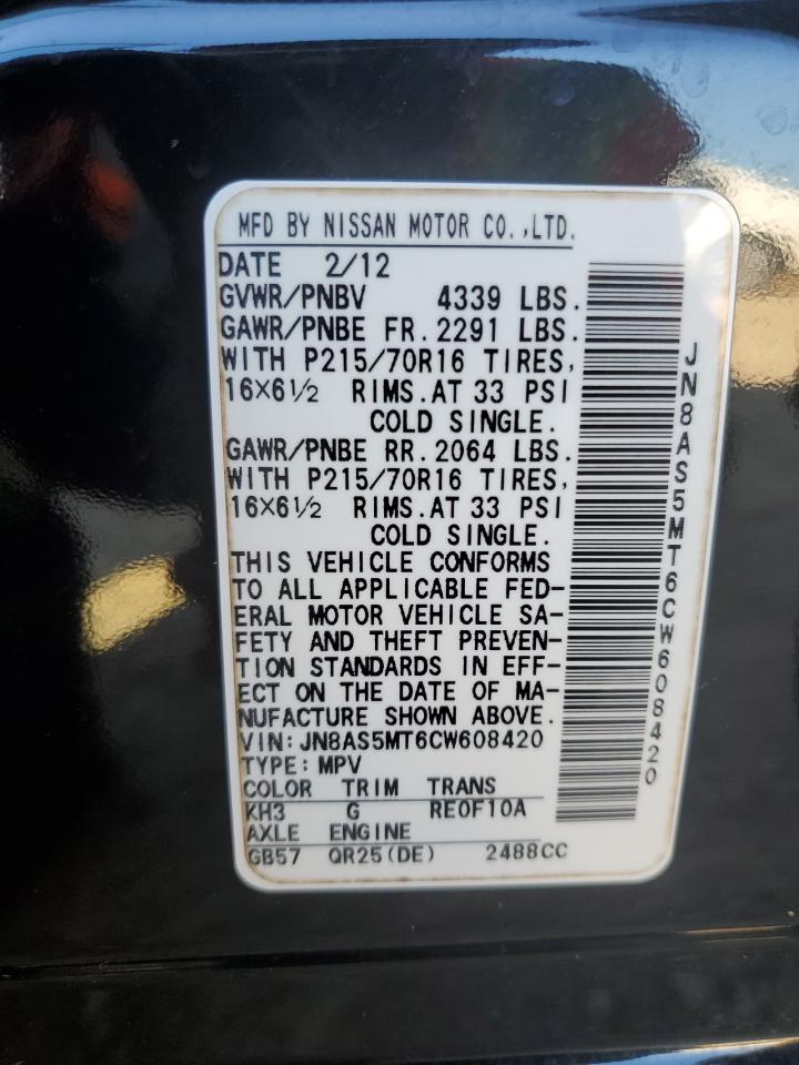 2012 Nissan Rogue S VIN: JN8AS5MT6CW608420 Lot: 62733134