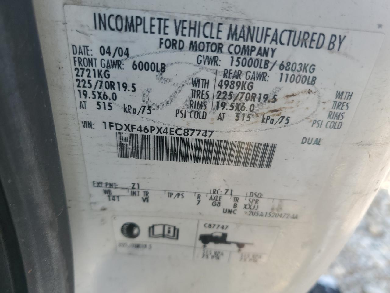 2004 Ford F450 Super Duty VIN: 1FDXF46PX4EC87747 Lot: 61645584