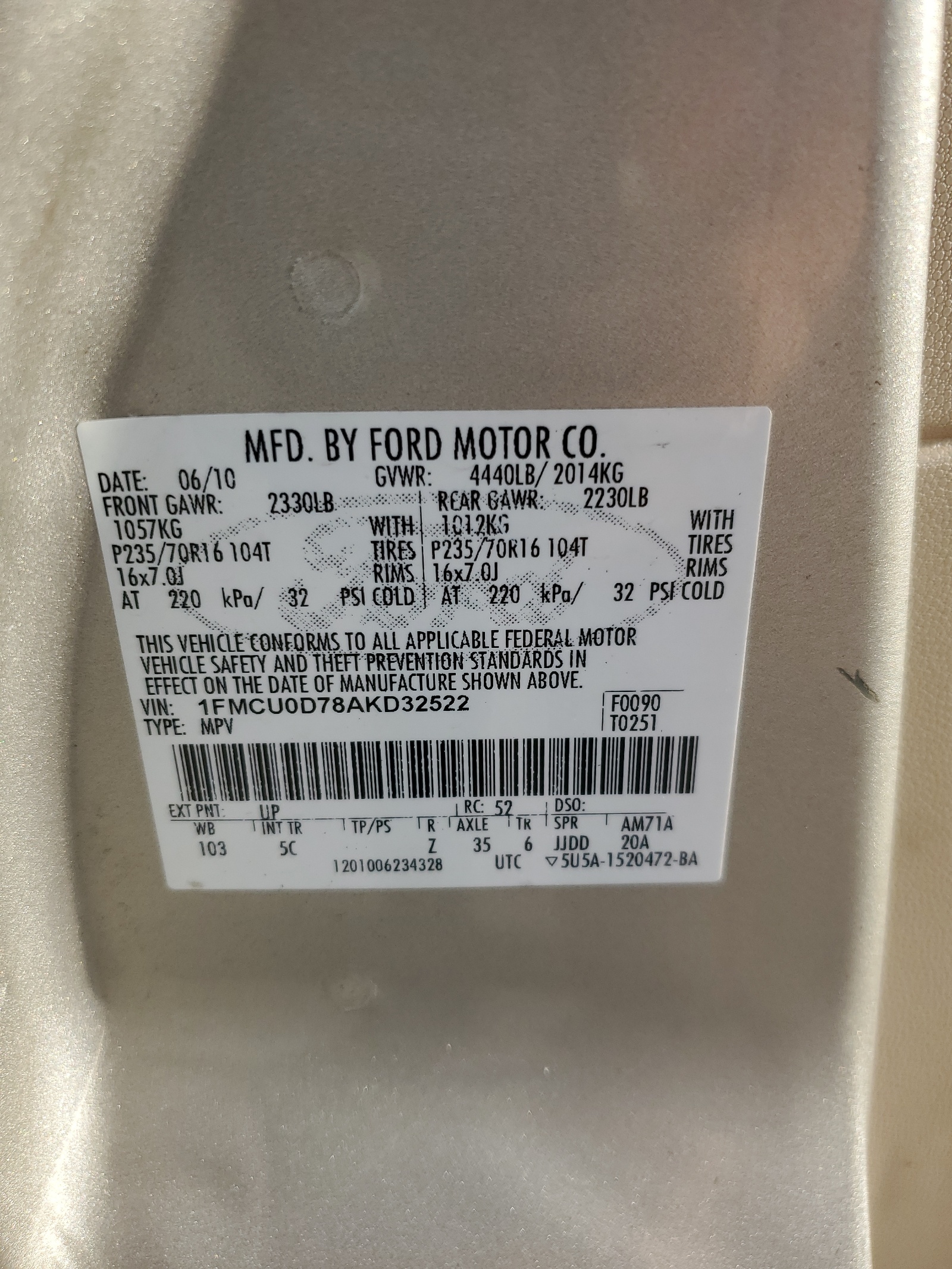 1FMCU0D78AKD32522 2010 Ford Escape Xlt