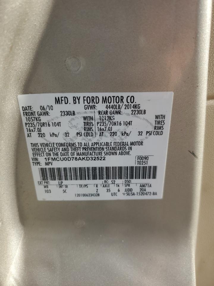 2010 Ford Escape Xlt VIN: 1FMCU0D78AKD32522 Lot: 61960144