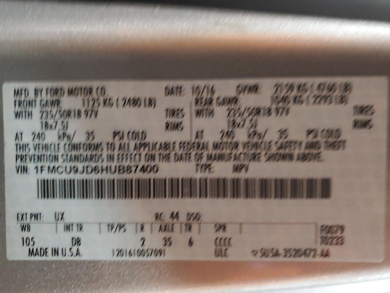 2017 Ford Escape Titanium VIN: 1FMCU9JD6HUB87400 Lot: 64972994