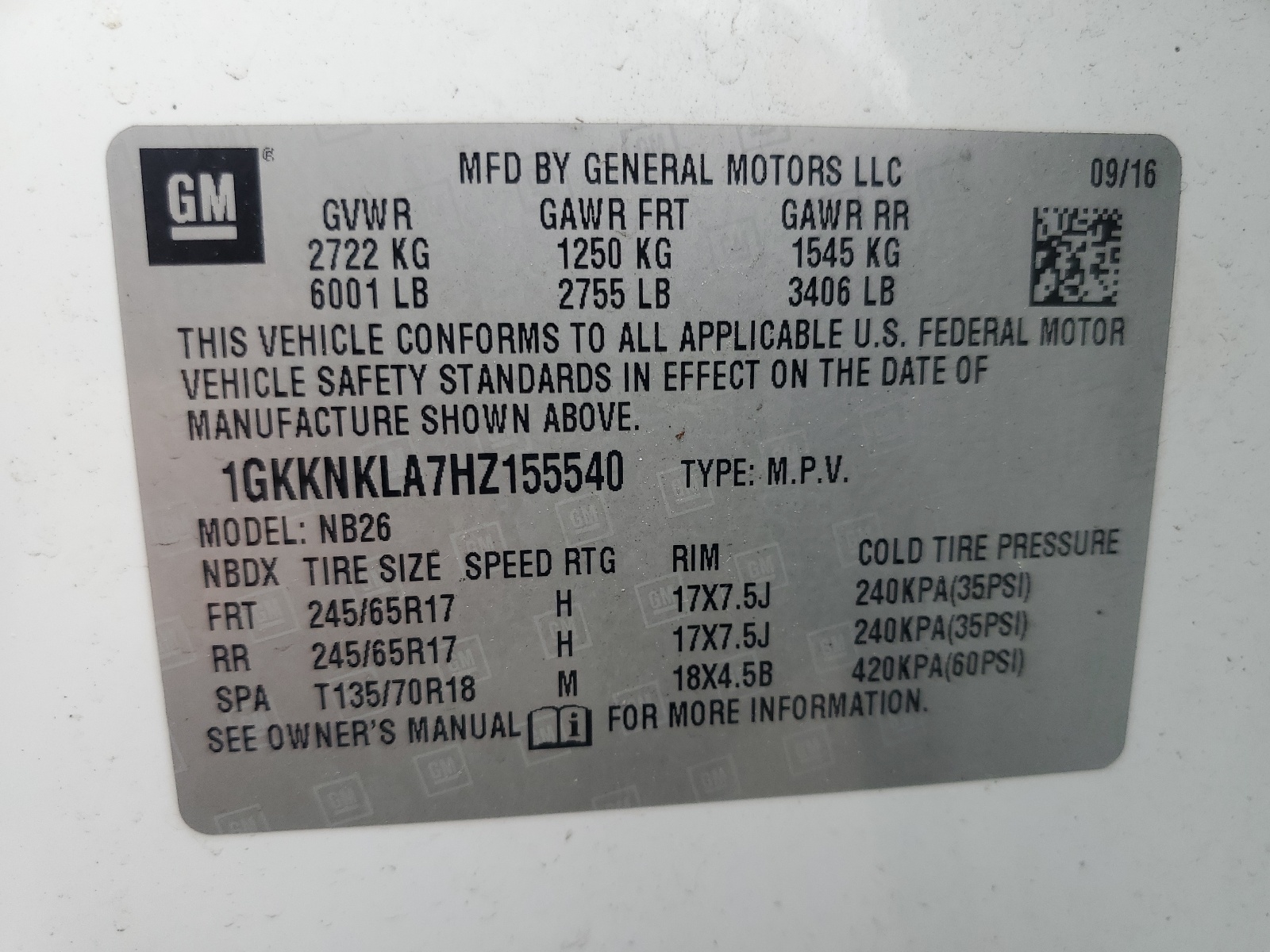 1GKKNKLA7HZ155540 2017 GMC Acadia Sle