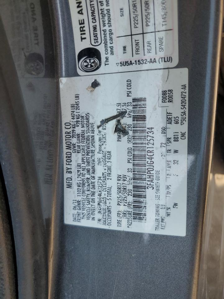 2012 Ford Fusion Sel VIN: 3FAHP0JG4CR125734 Lot: 64004384