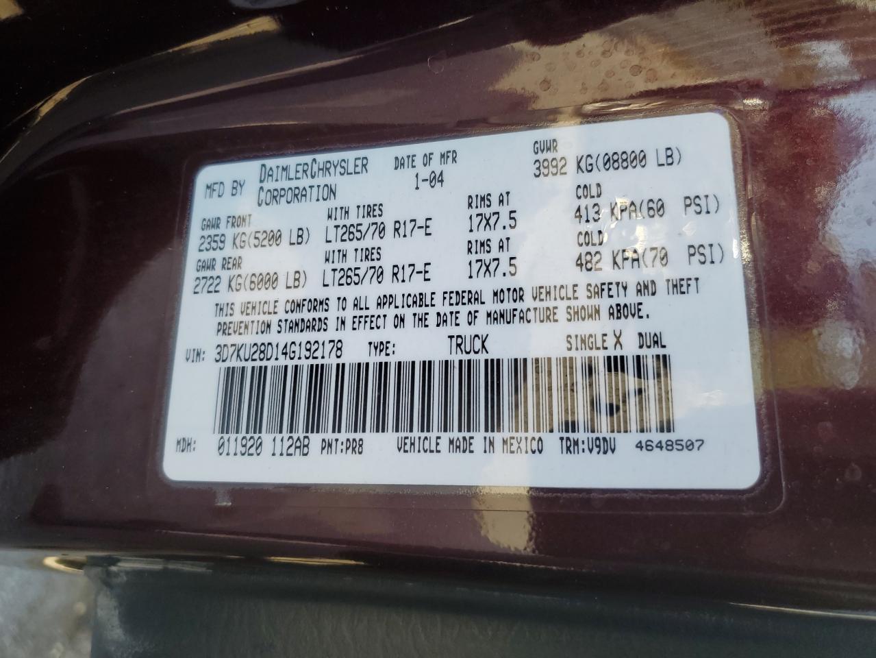 2004 Dodge Ram 2500 St VIN: 3D7KU28D14G192178 Lot: 64584884