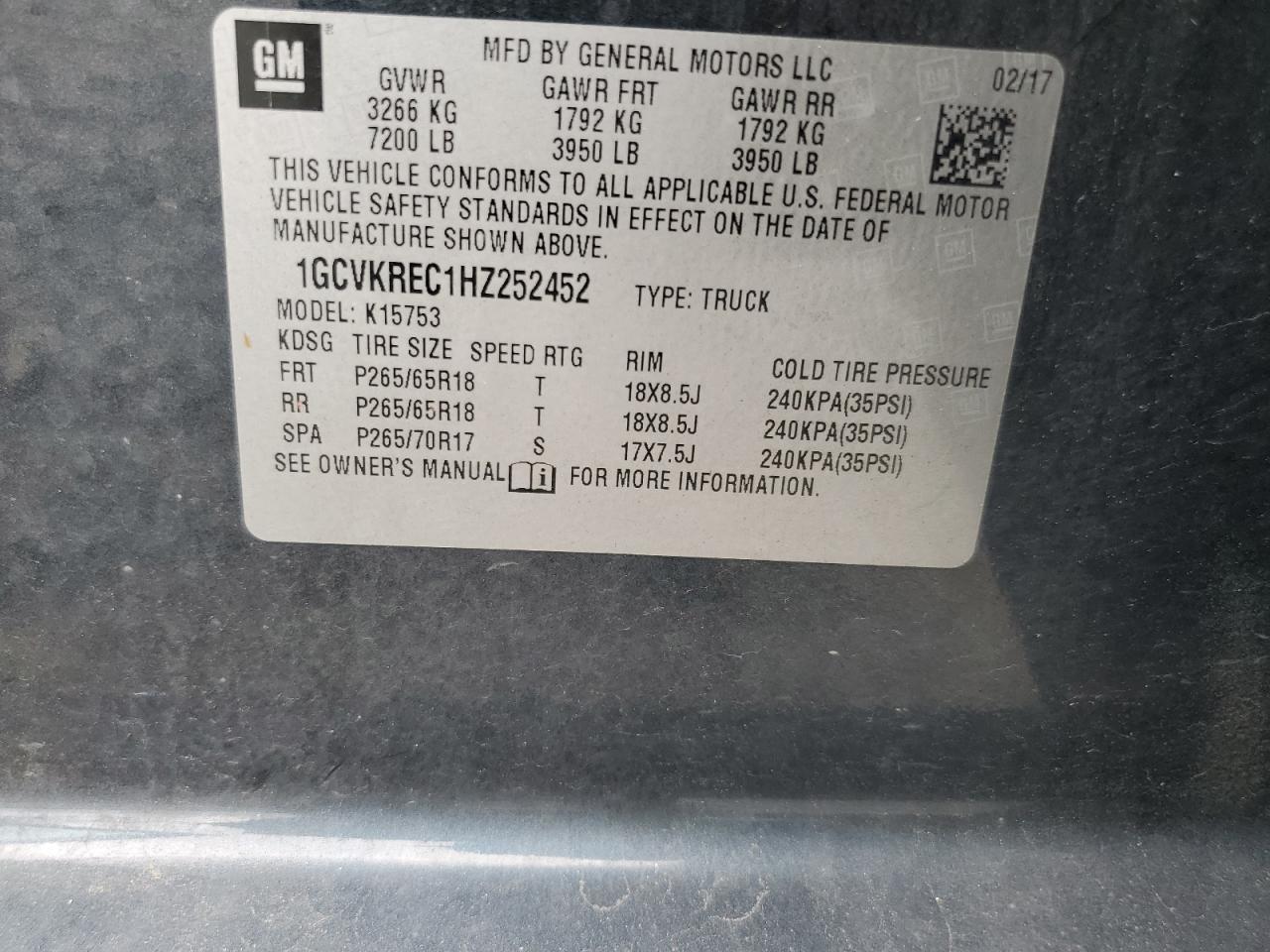 1GCVKREC1HZ252452 2017 Chevrolet Silverado K1500 Lt