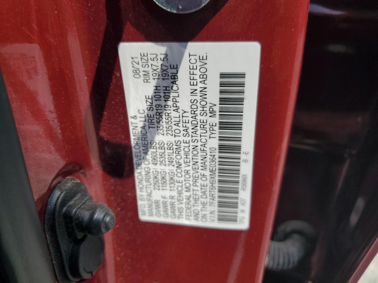 2021 Honda Cr-V Touring VIN: 7FART6H9XME036410 Lot: 63106534