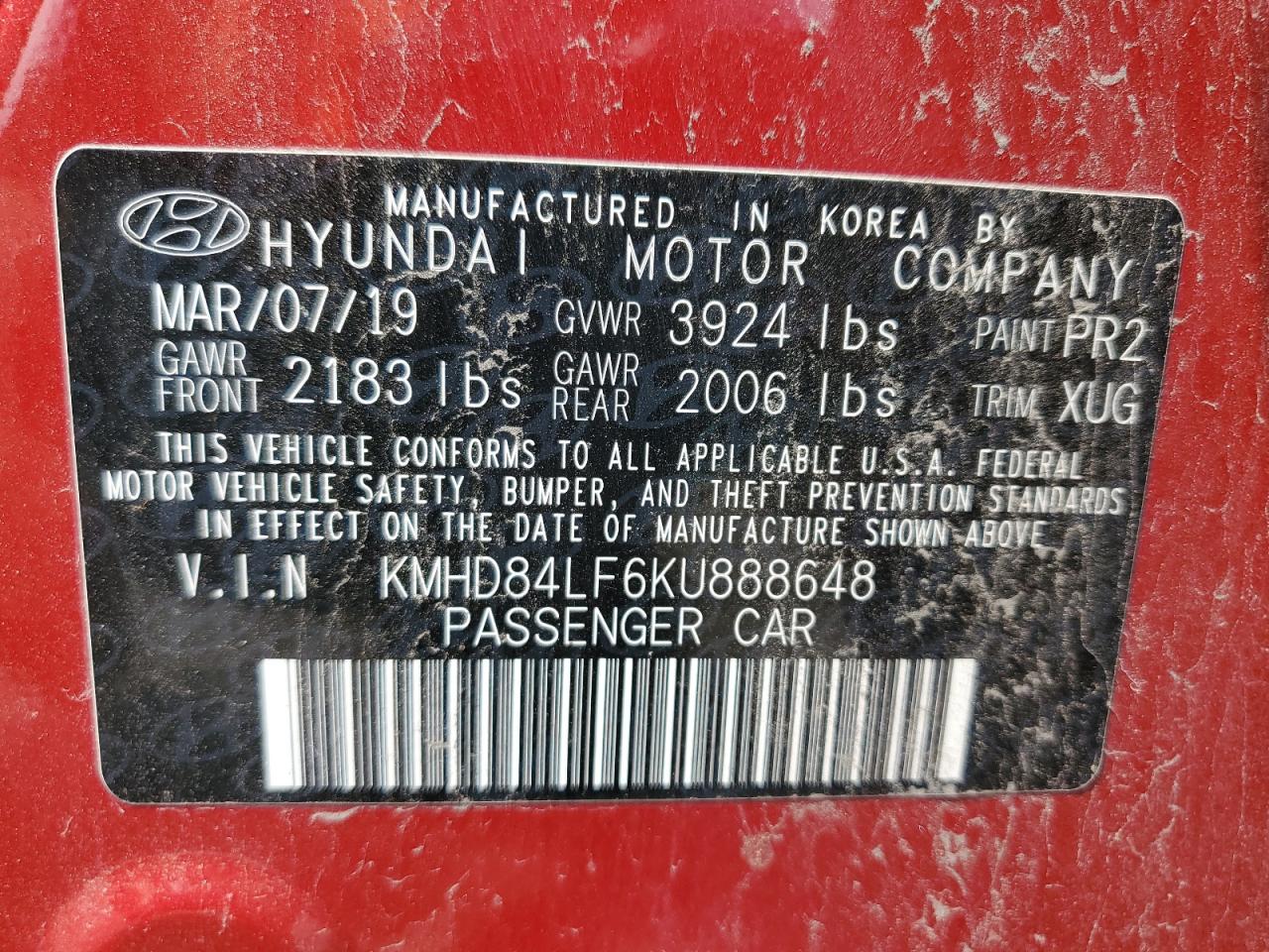 2019 Hyundai Elantra Sel VIN: KMHD84LF6KU888648 Lot: 64312924