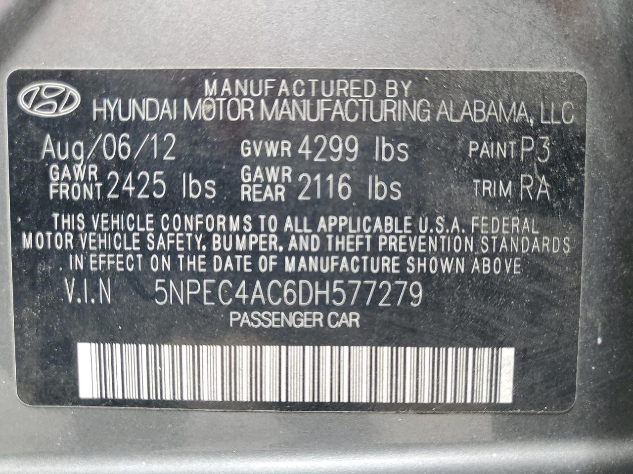 2013 Hyundai Sonata Se VIN: 5NPEC4AC6DH577279 Lot: 62727404