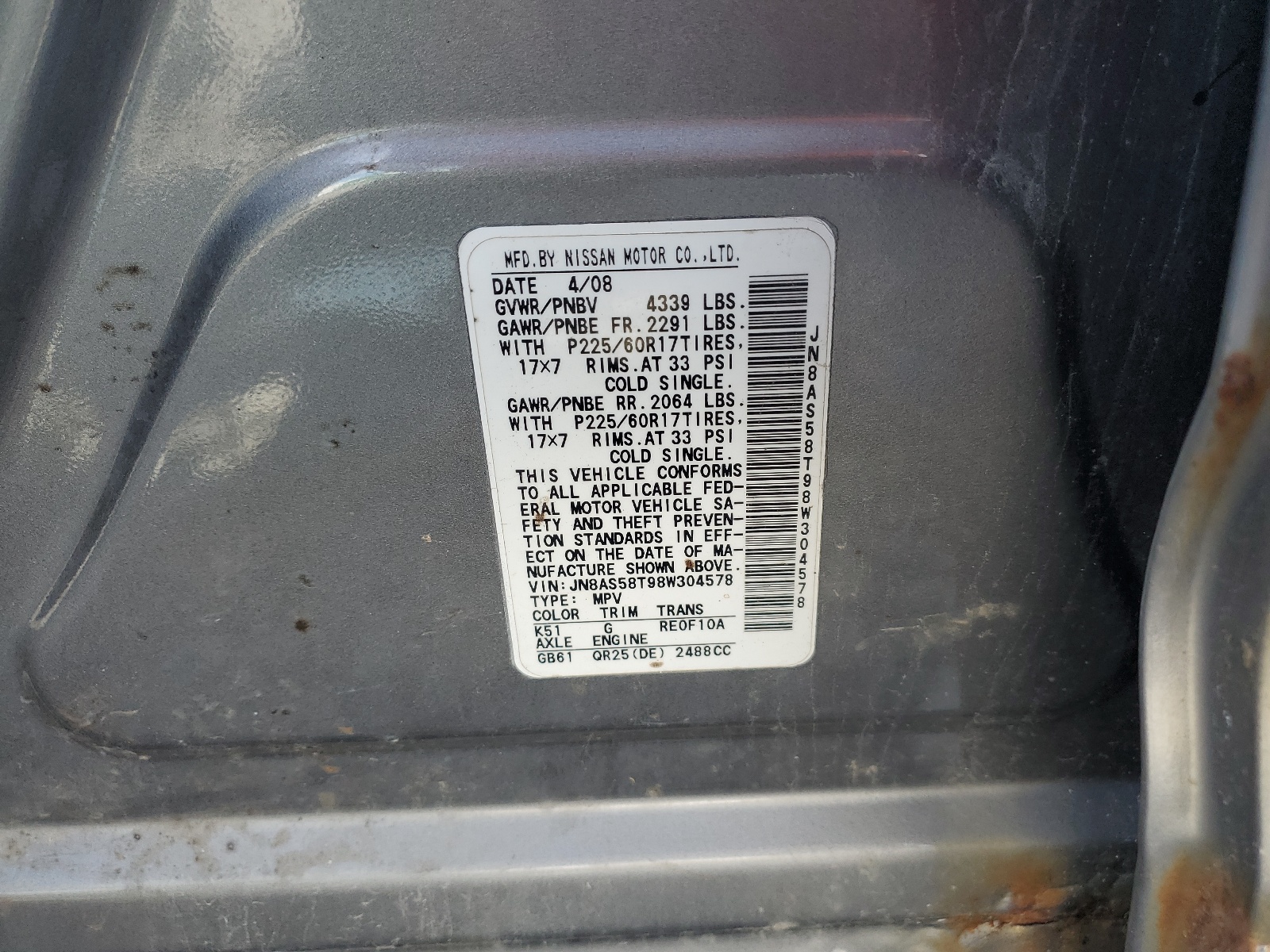 JN8AS58T98W304578 2008 Nissan Rogue S