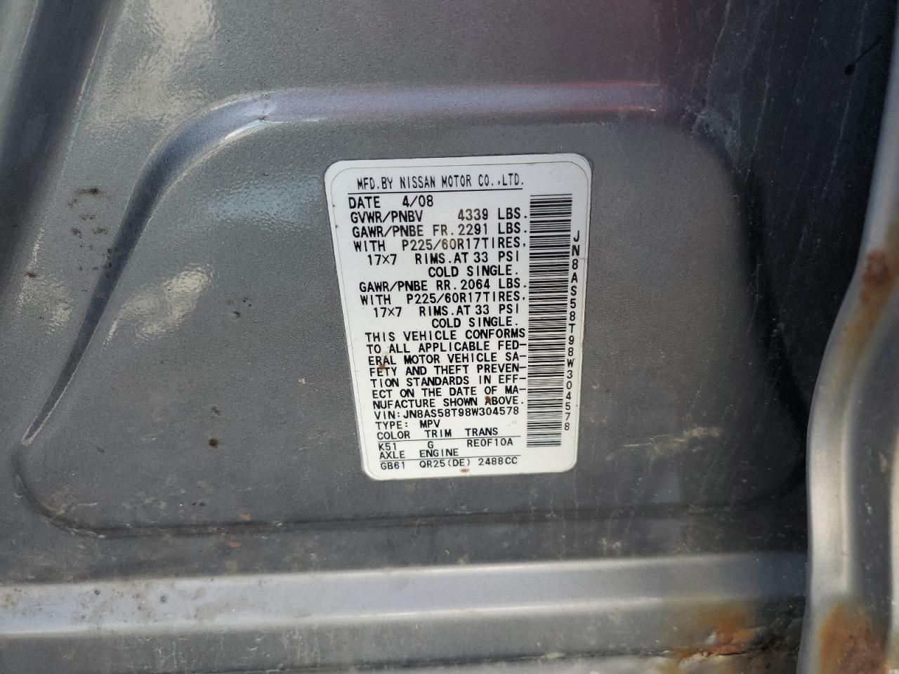 2008 Nissan Rogue S VIN: JN8AS58T98W304578 Lot: 62794294