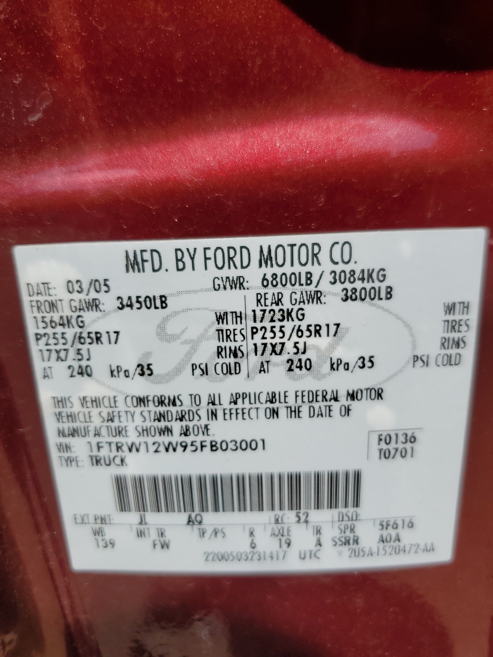 1FTRW12W95FB03001 2005 Ford F150 Supercrew