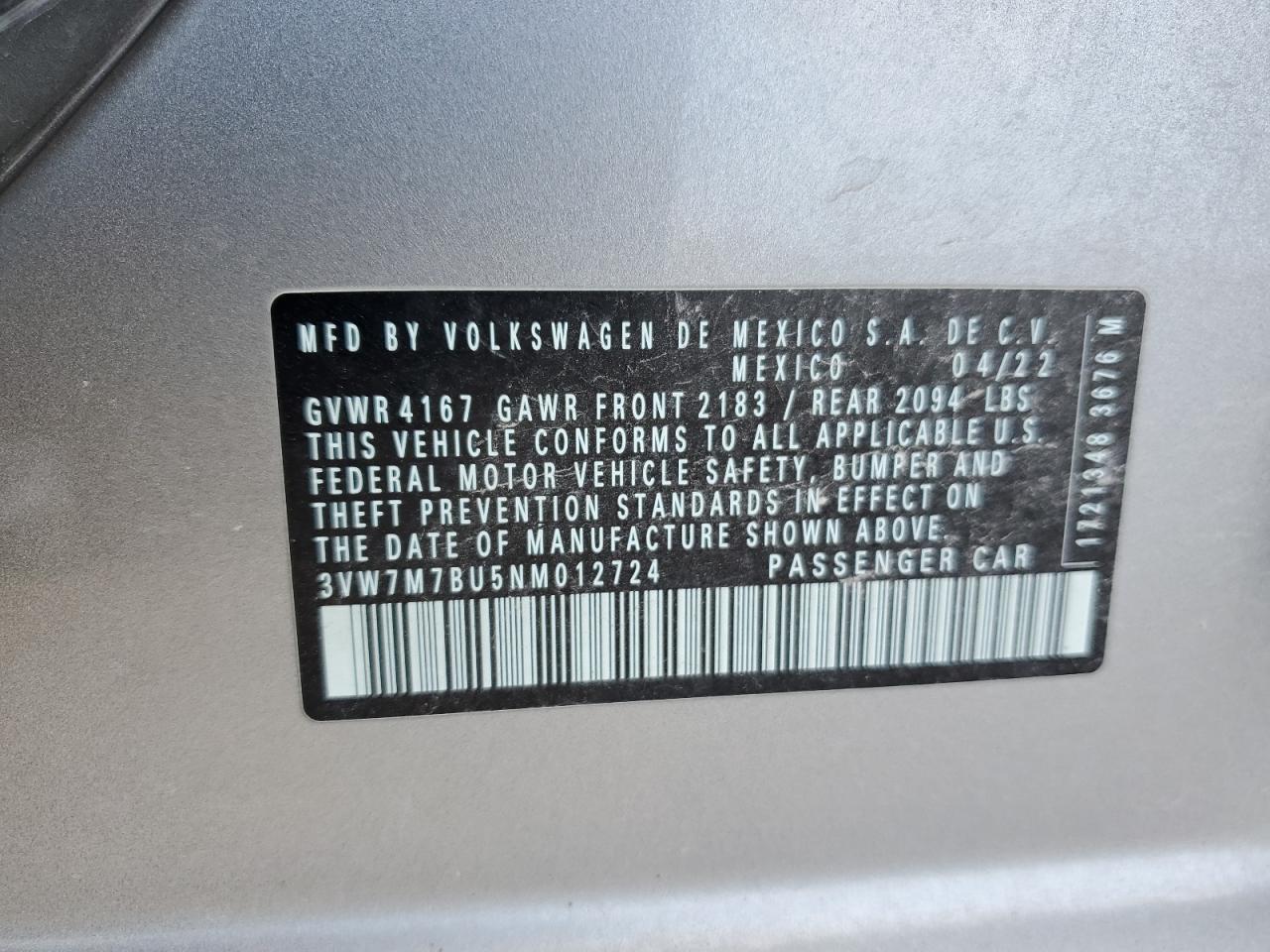 2022 Volkswagen Jetta Se VIN: 3VW7M7BU5NM012724 Lot: 63008924