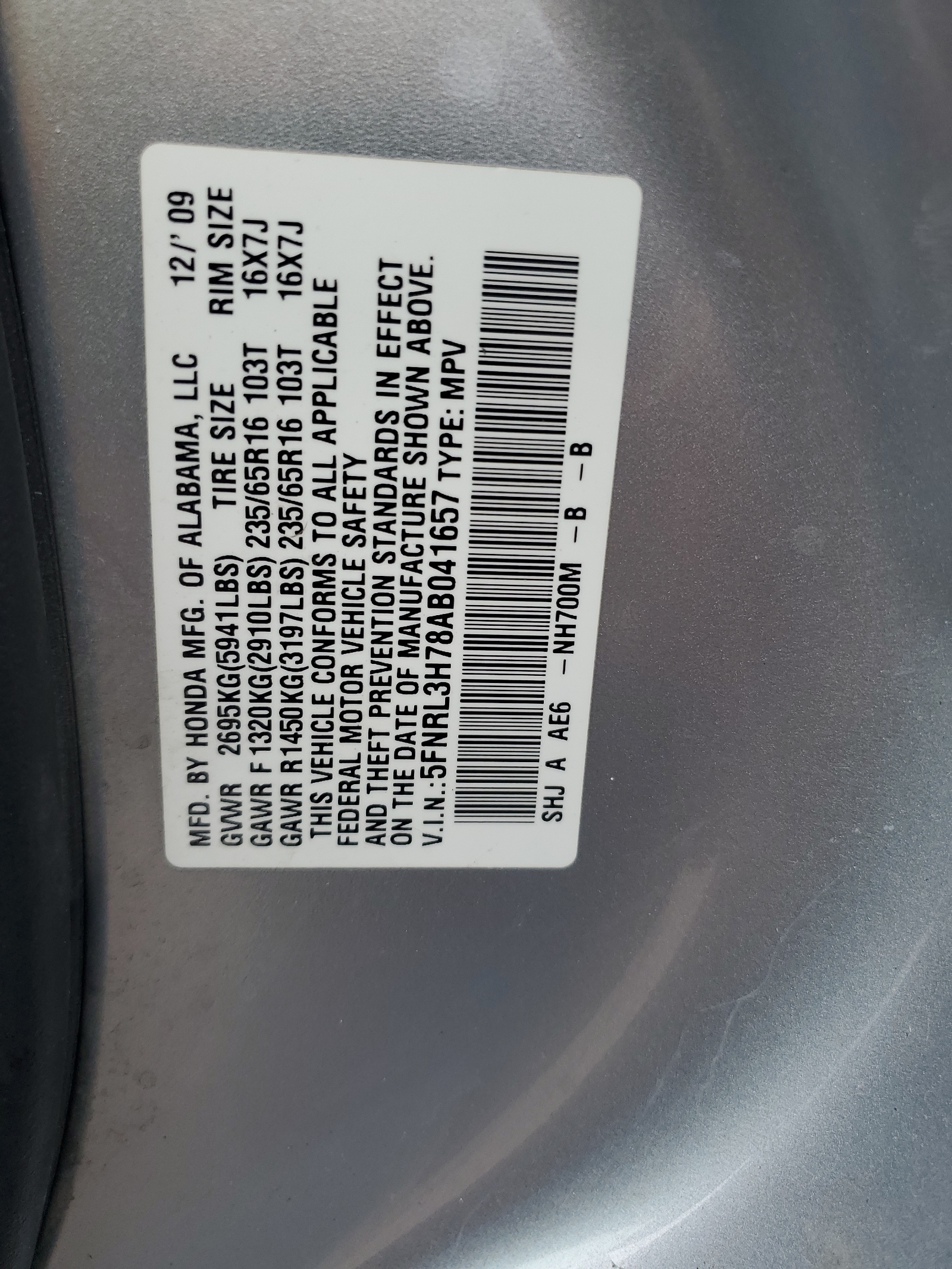 5FNRL3H78AB041657 2010 Honda Odyssey Exl