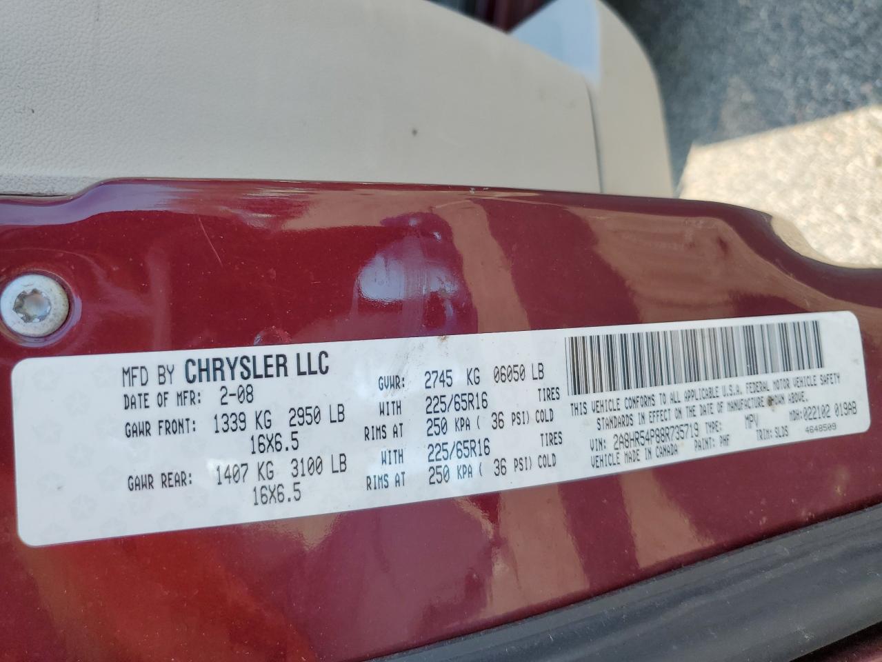 2008 Chrysler Town & Country Touring VIN: 2A8HR54P88R735719 Lot: 62267914