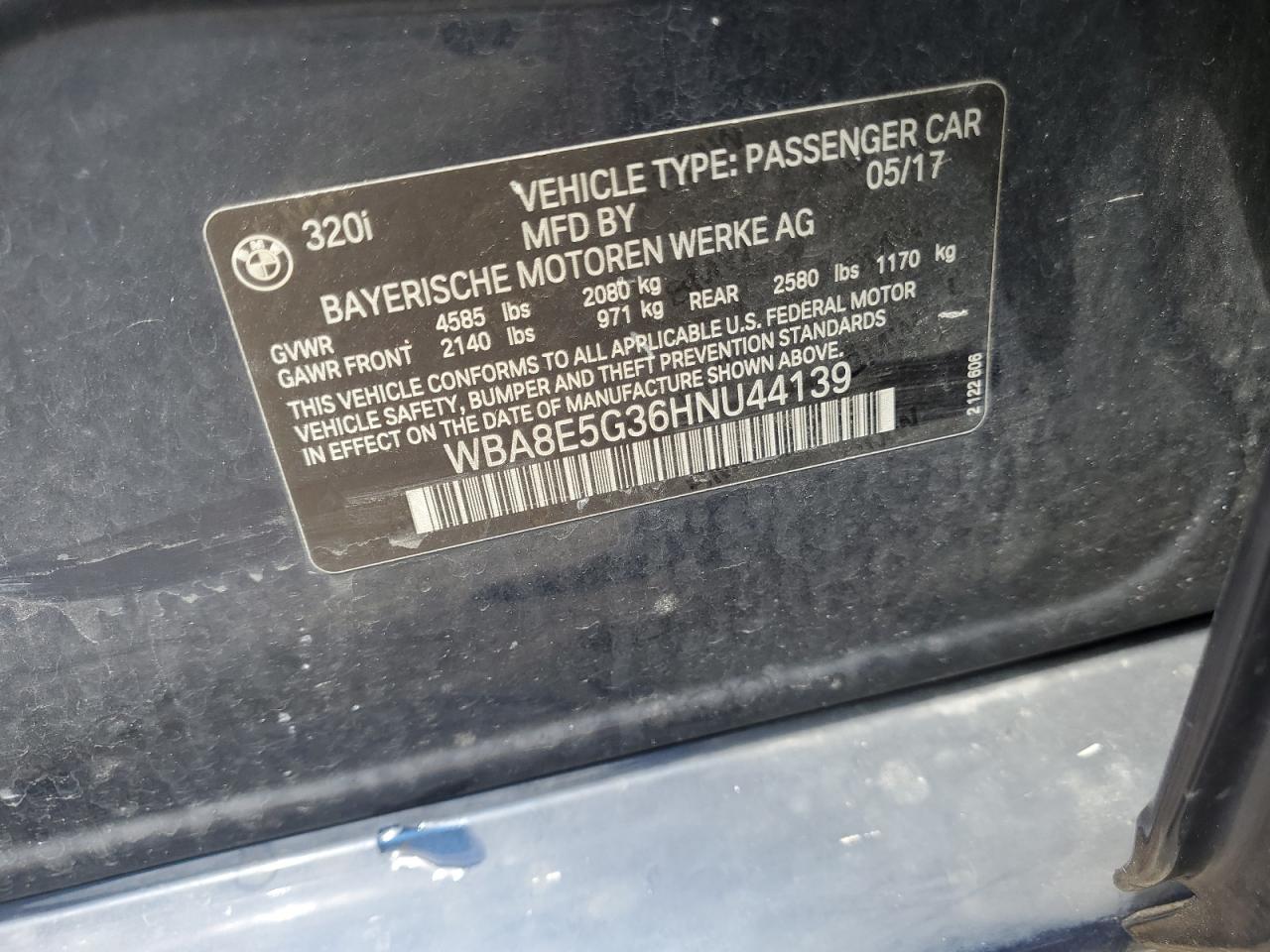 2017 BMW 320 Xi VIN: WBA8E5G36HNU44139 Lot: 61553544