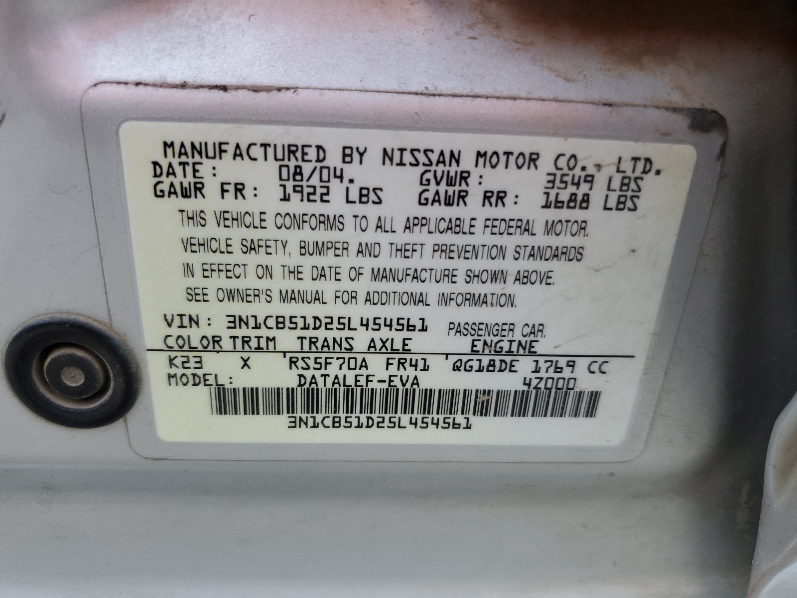 3N1CB51D25L454561 2005 Nissan Sentra 1.8