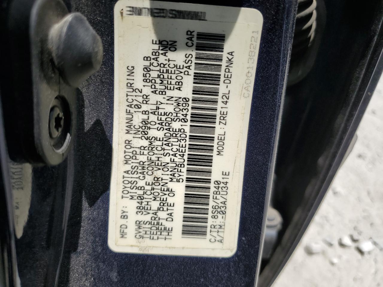 2013 Toyota Corolla Base VIN: 5YFBU4EE3DP104390 Lot: 71354464