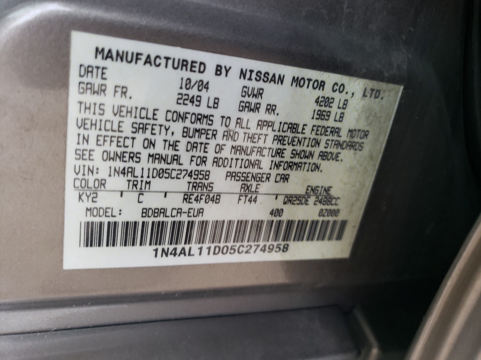 1N4AL11D05C274958 2005 Nissan Altima S