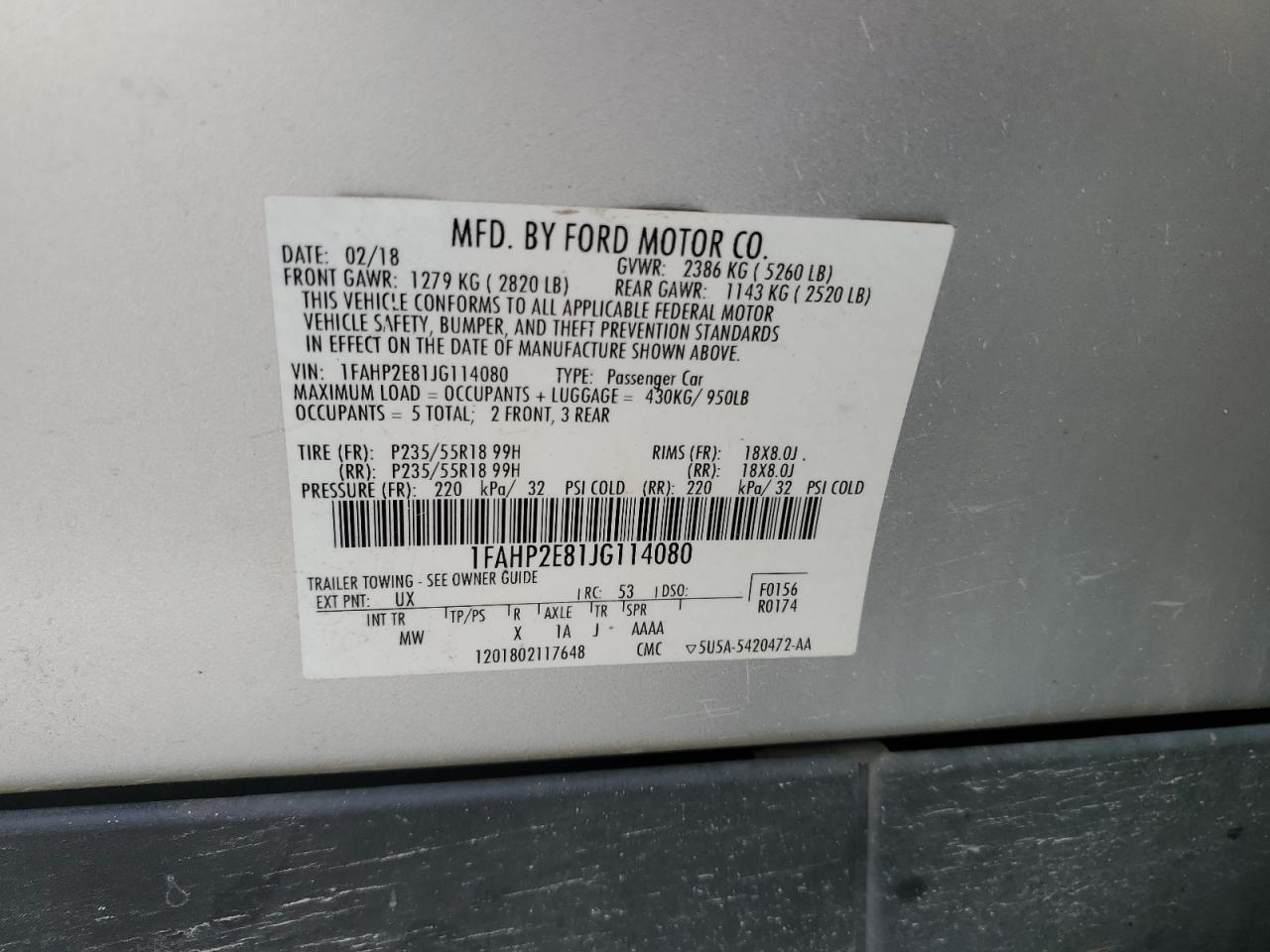 2018 Ford Taurus Sel VIN: 1FAHP2E81JG114080 Lot: 63877434