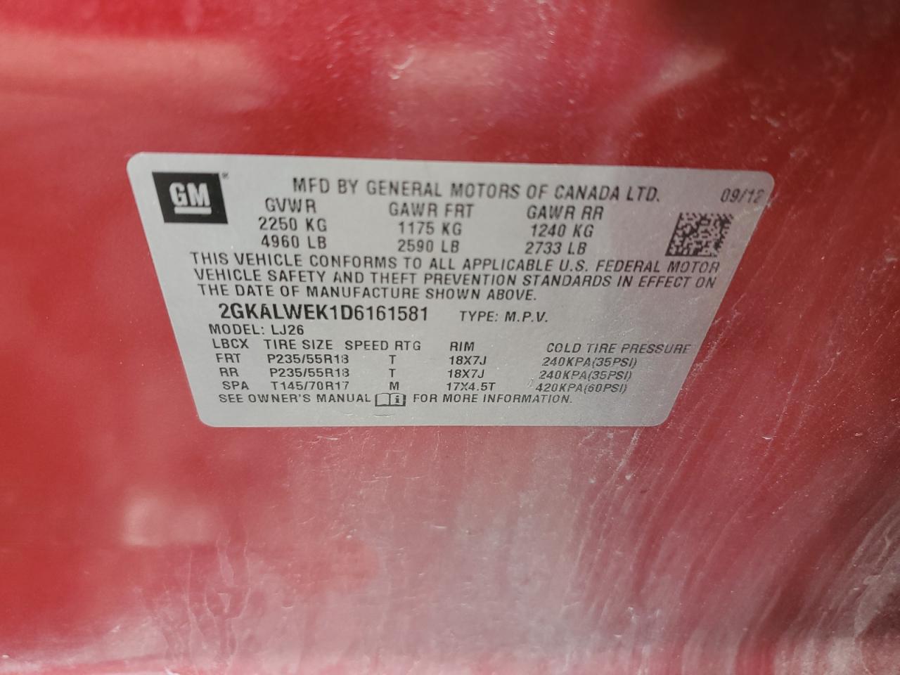 2013 GMC Terrain Slt VIN: 2GKALWEK1D6161581 Lot: 64441844