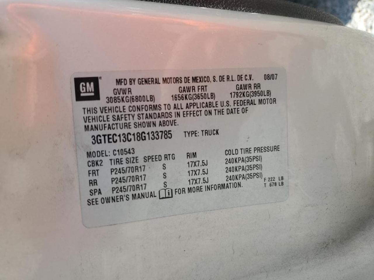 2008 GMC Sierra C1500 VIN: 3GTEC13C18G133785 Lot: 64579784