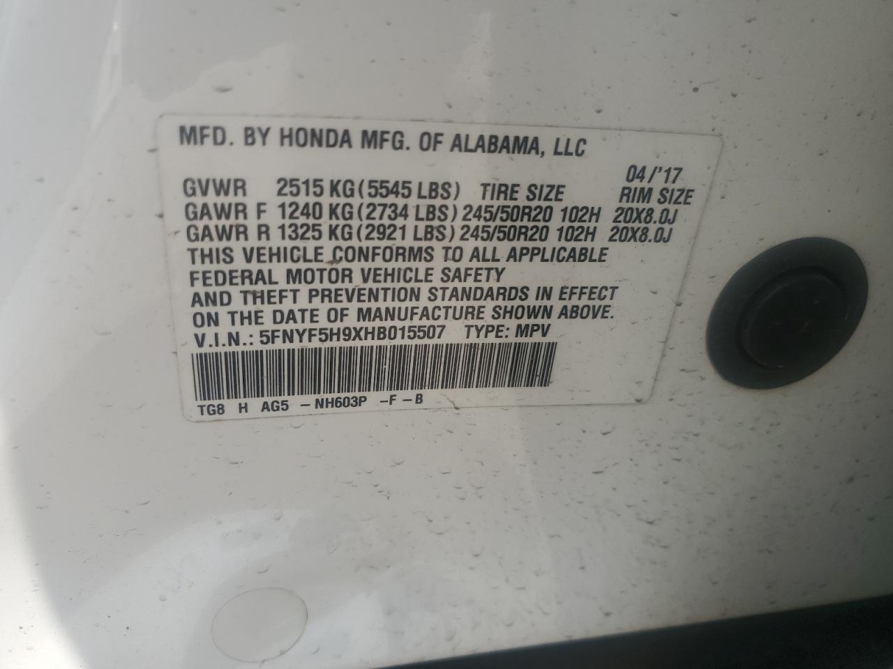 2017 Honda Pilot Touring VIN: 5FNYF5H9XHB015507 Lot: 65411574