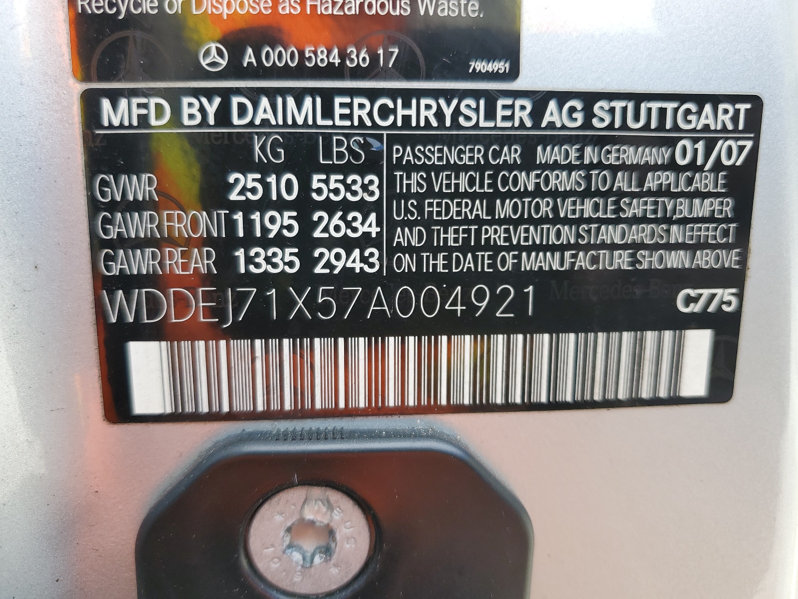 WDDEJ71X57A004921 2007 Mercedes-Benz Cl 550