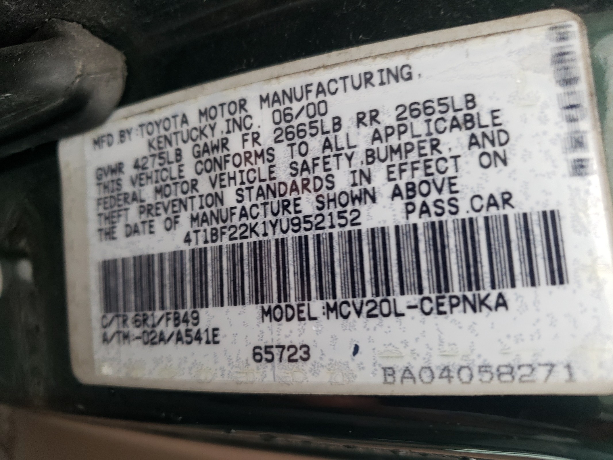 4T1BF22K1YU952152 2000 Toyota Camry Le