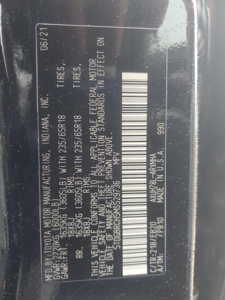 2021 Toyota Highlander Hybrid Xle VIN: 5TDGBRCH5MS529736 Lot: 62329884