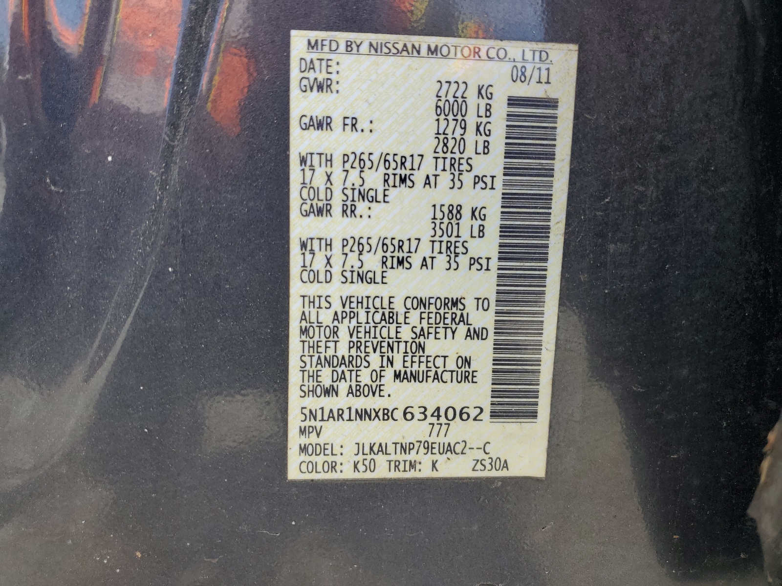 5N1AR1NNXBC634062 2011 Nissan Pathfinder S