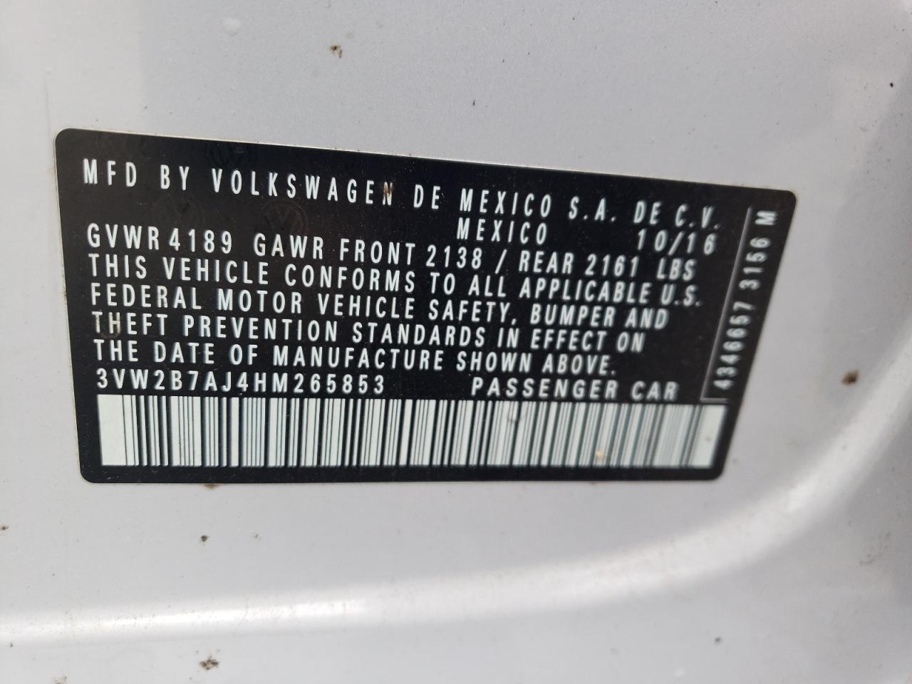 2017 Volkswagen Jetta S VIN: 3VW2B7AJ4HM265853 Lot: 63775144