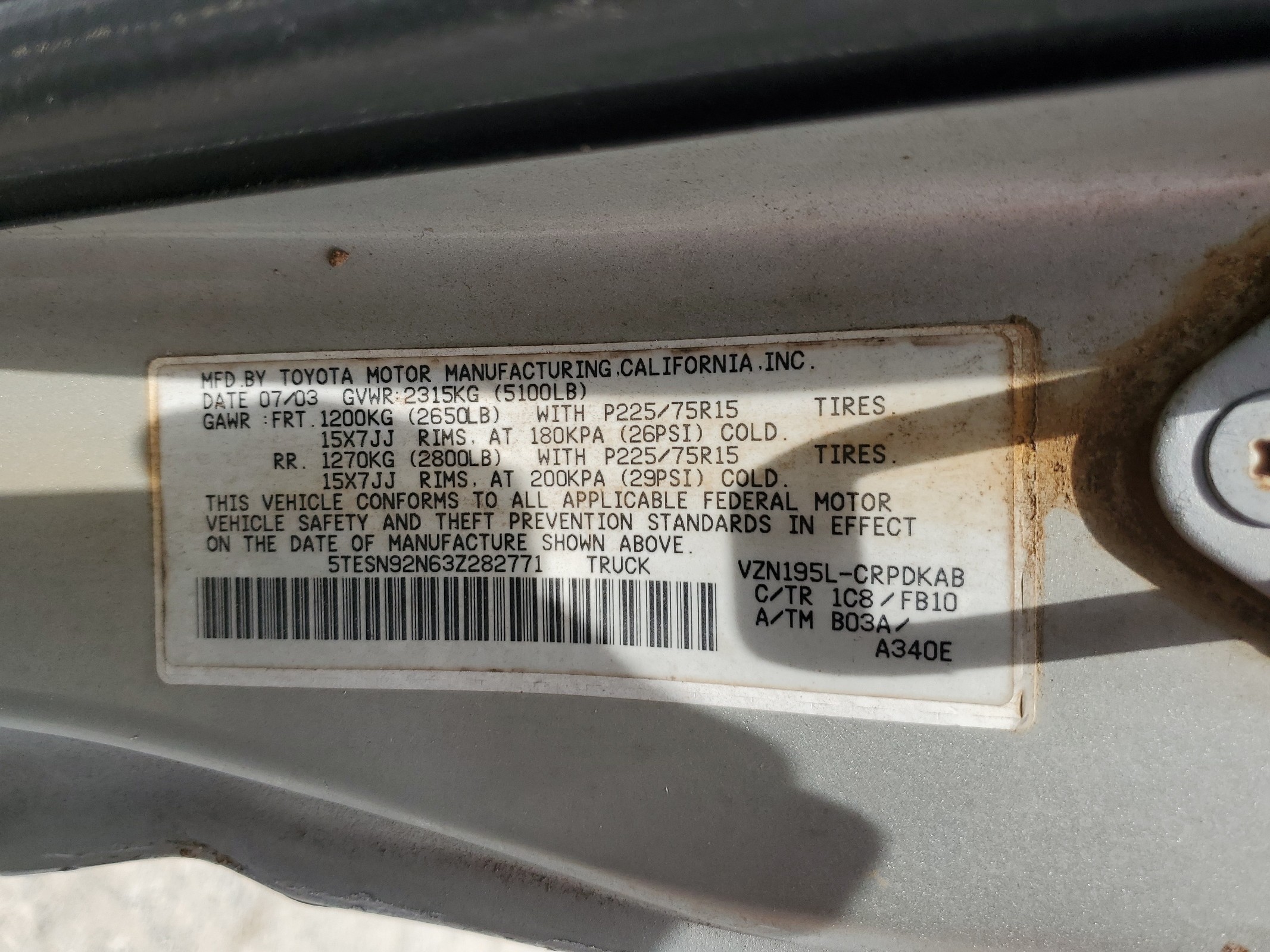 5TESN92N63Z282771 2003 Toyota Tacoma Xtracab Prerunner