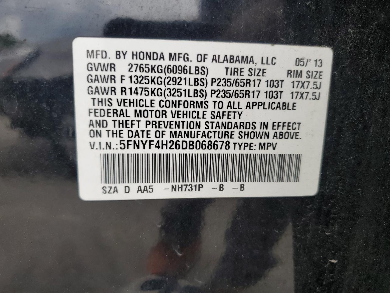 5FNYF4H26DB068678 2013 Honda Pilot Lx