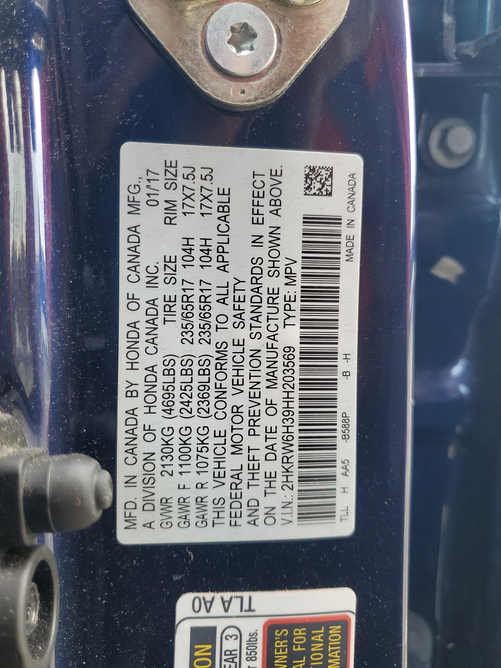 2HKRW6H39HH203569 2017 Honda Cr-V Lx