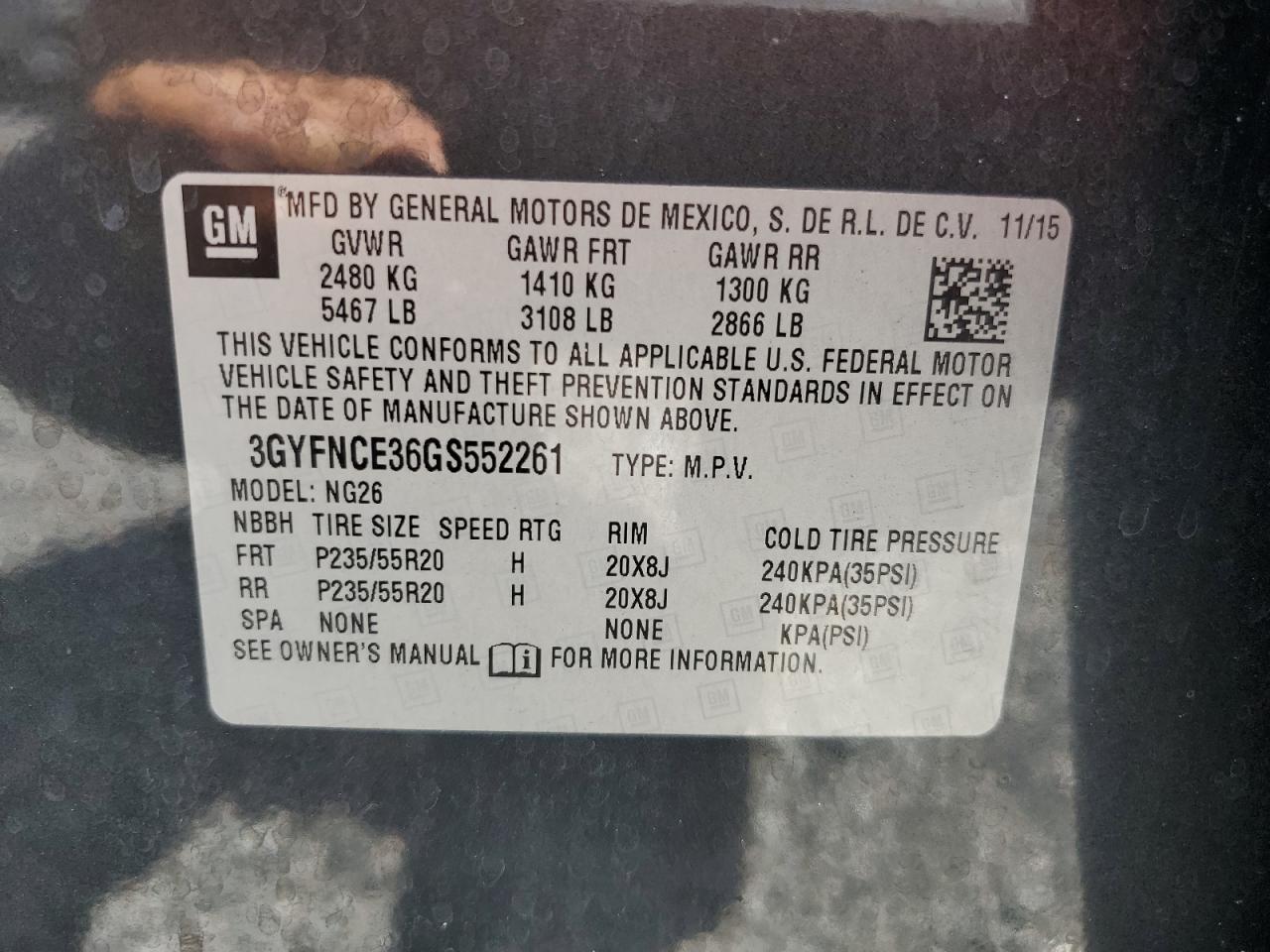 2016 Cadillac Srx Performance Collection VIN: 3GYFNCE36GS552261 Lot: 64051934