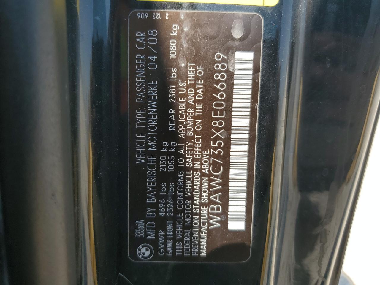 2008 BMW 335 Xi VIN: WBAWC735X8E066889 Lot: 62362044