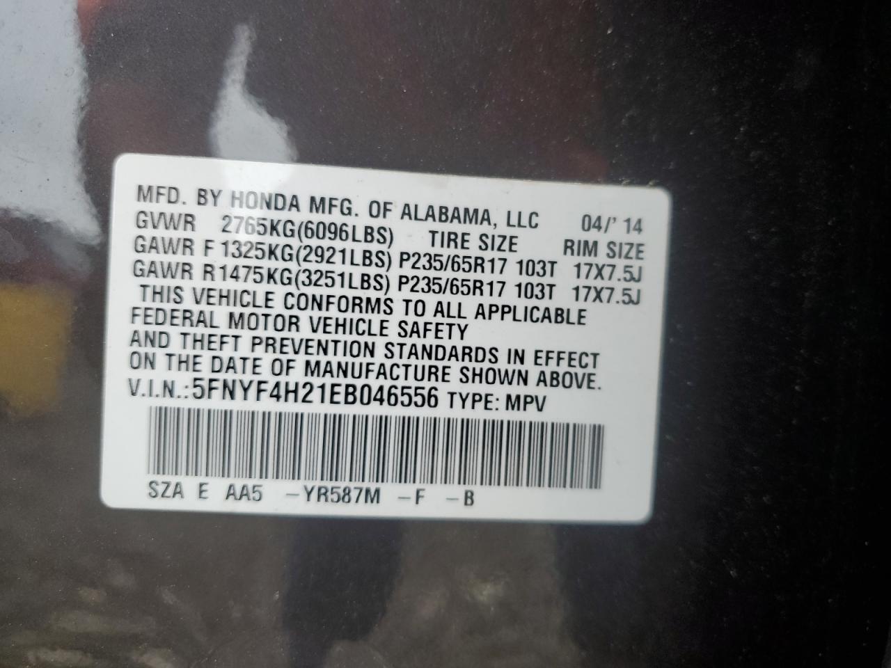 2014 Honda Pilot Lx VIN: 5FNYF4H21EB046556 Lot: 65007524