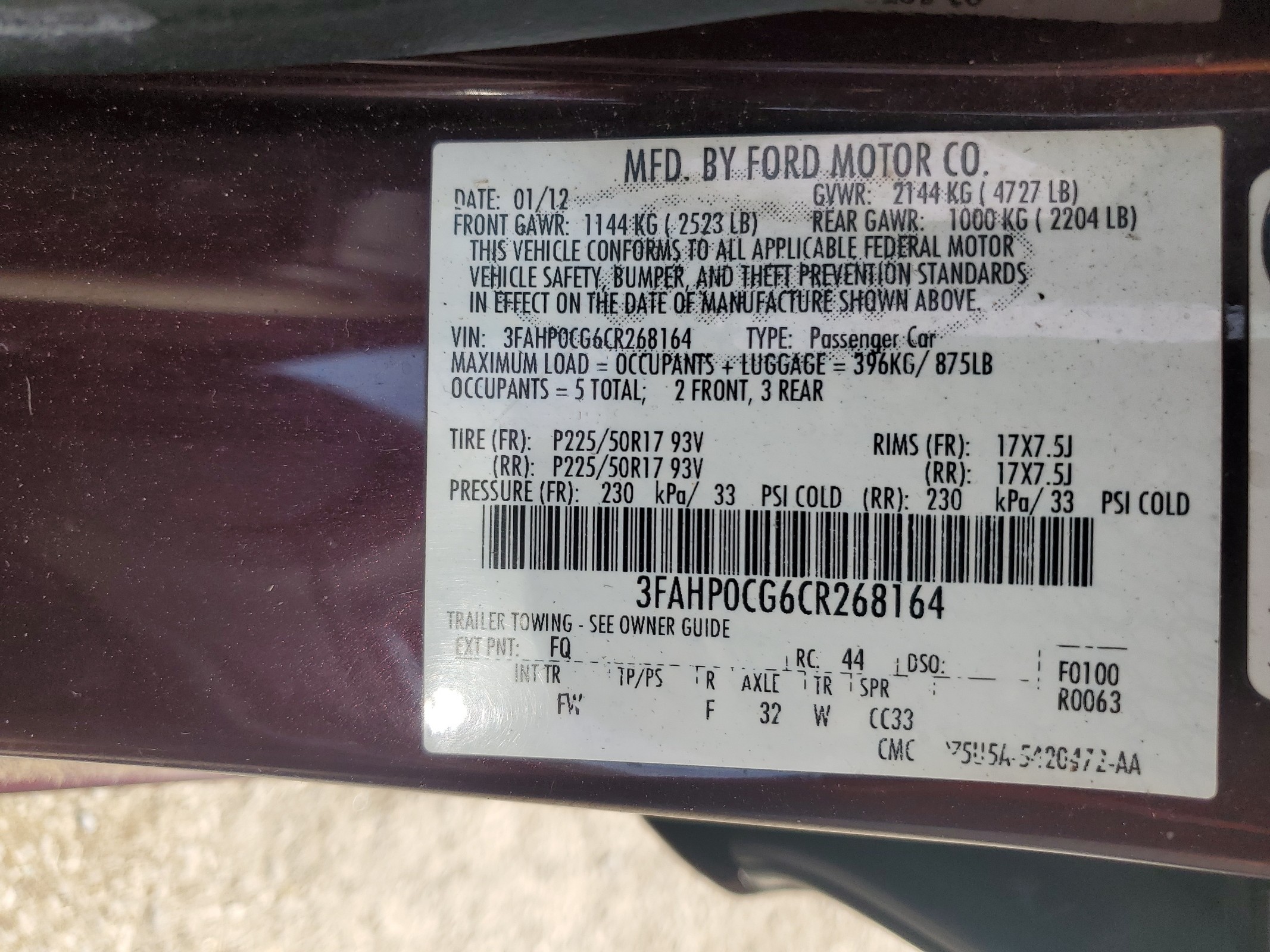 3FAHP0CG6CR268164 2012 Ford Fusion Sel