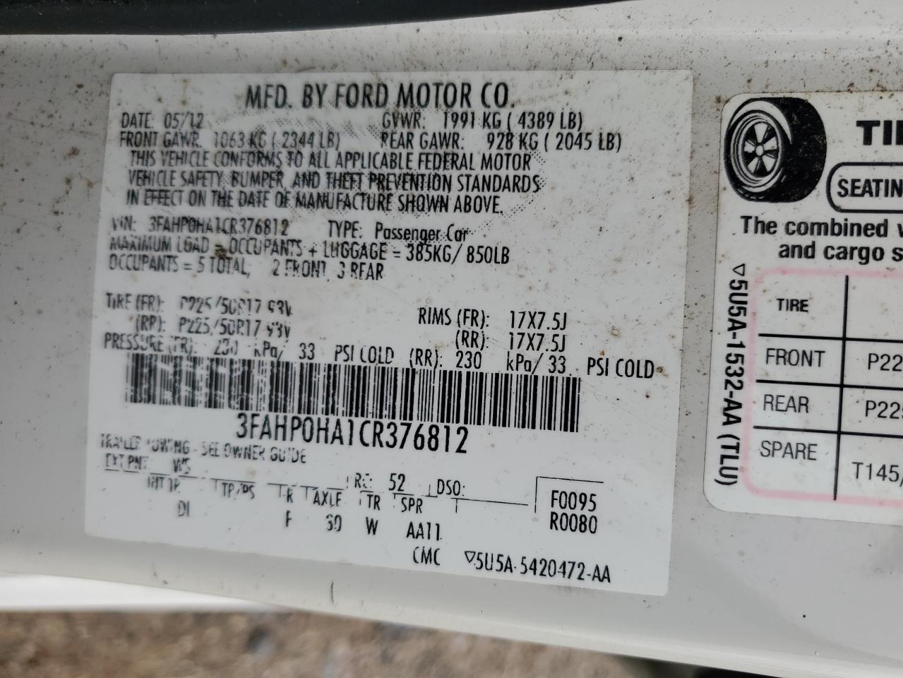 2012 Ford Fusion Se VIN: 3FAHP0HA1CR376812 Lot: 64717344