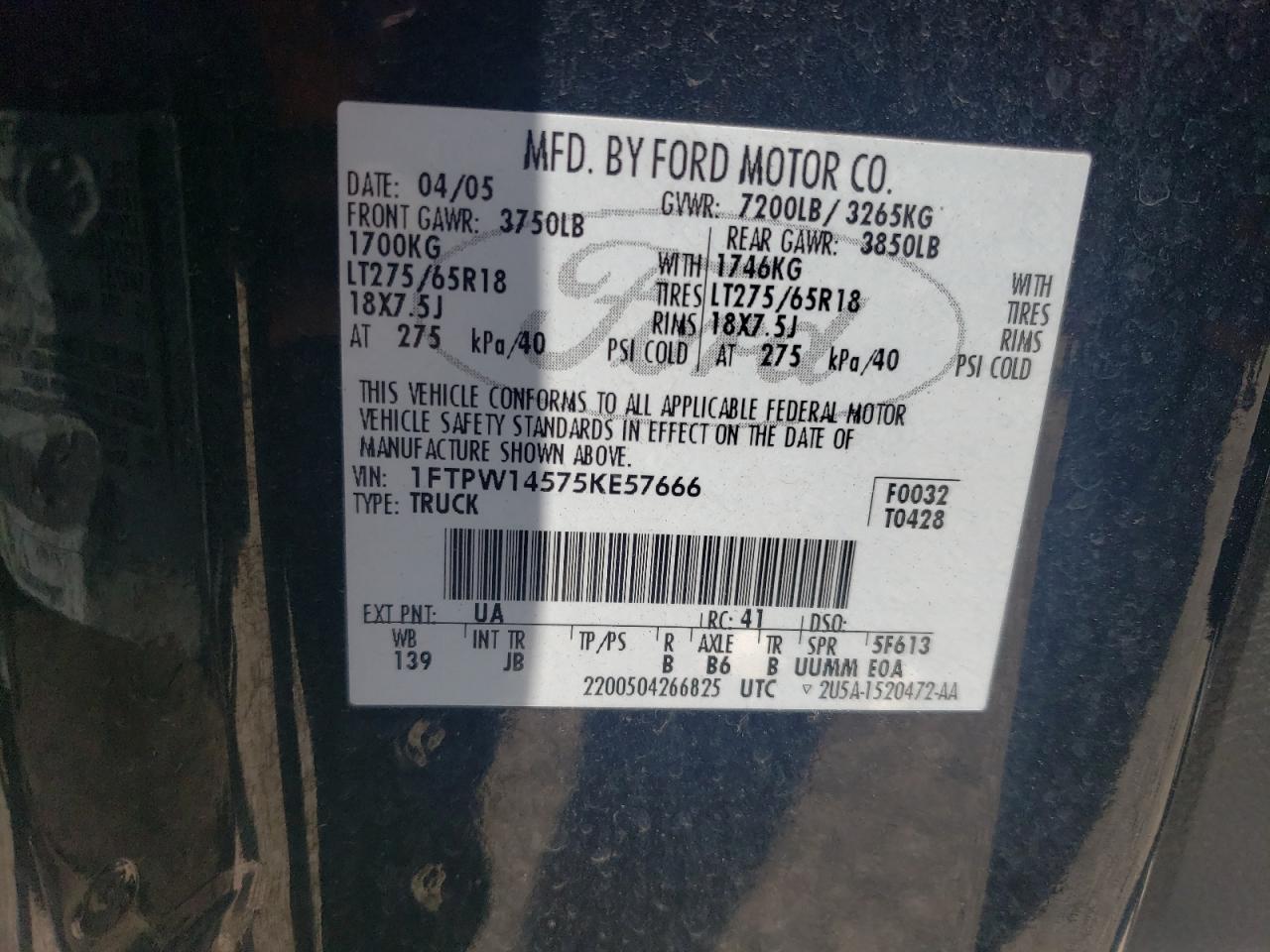 2005 Ford F150 Supercrew VIN: 1FTPW14575KE57666 Lot: 64375114