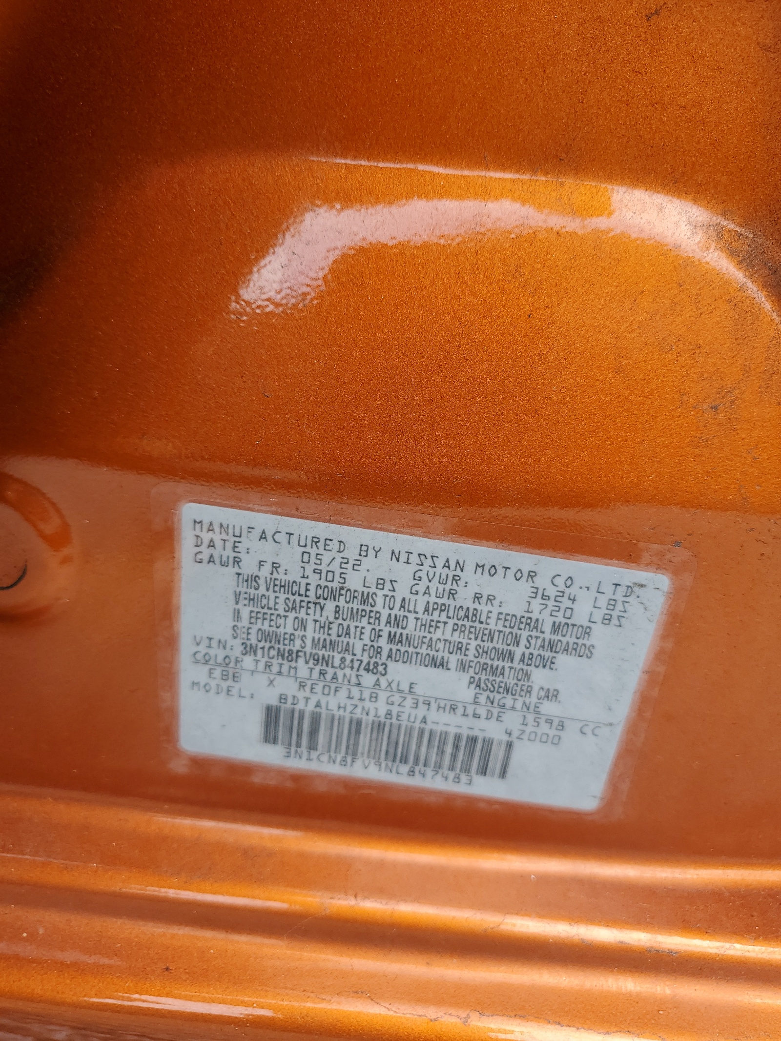 3N1CN8FV9NL847483 2022 Nissan Versa Sr