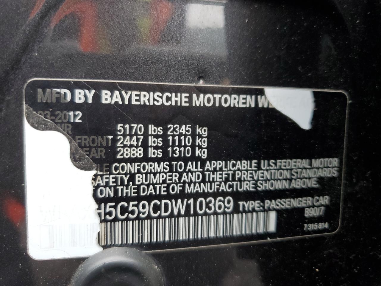 2012 BMW 528 Xi VIN: WBAXH5C59CDW10369 Lot: 63907974