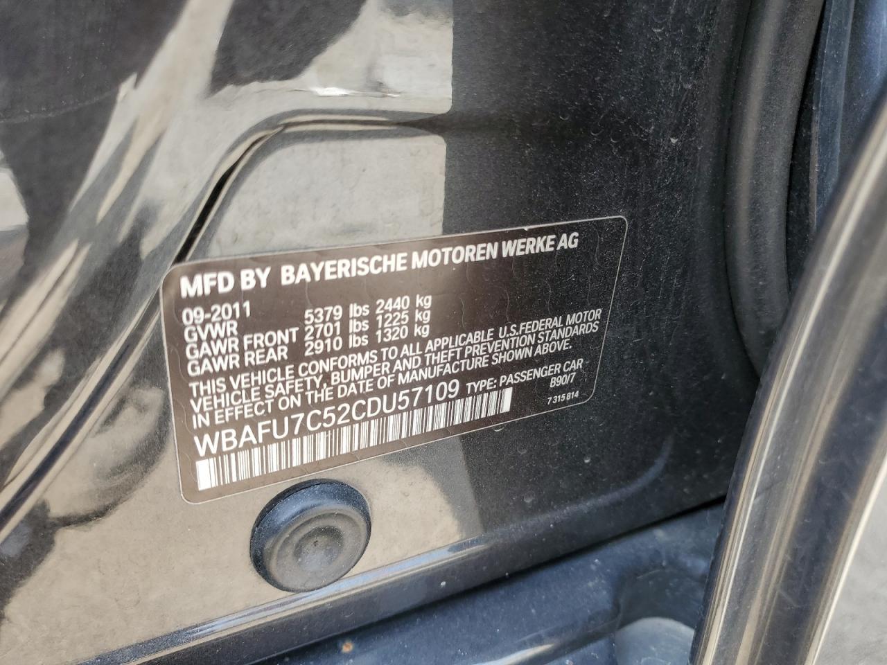 2012 BMW 535 Xi VIN: WBAFU7C52CDU57109 Lot: 63676144