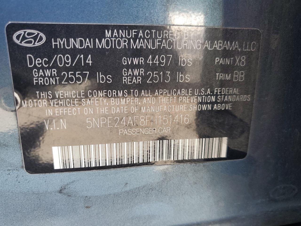 2015 Hyundai Sonata Se VIN: 5NPE24AF8FH151416 Lot: 61719794