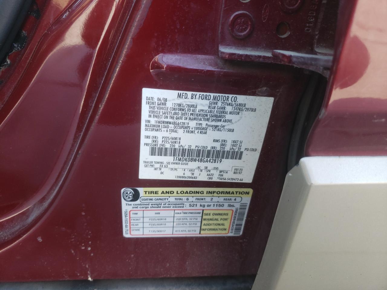 2008 Ford Taurus X Eddie Bauer VIN: 1FMDK08W48GA42819 Lot: 63679534