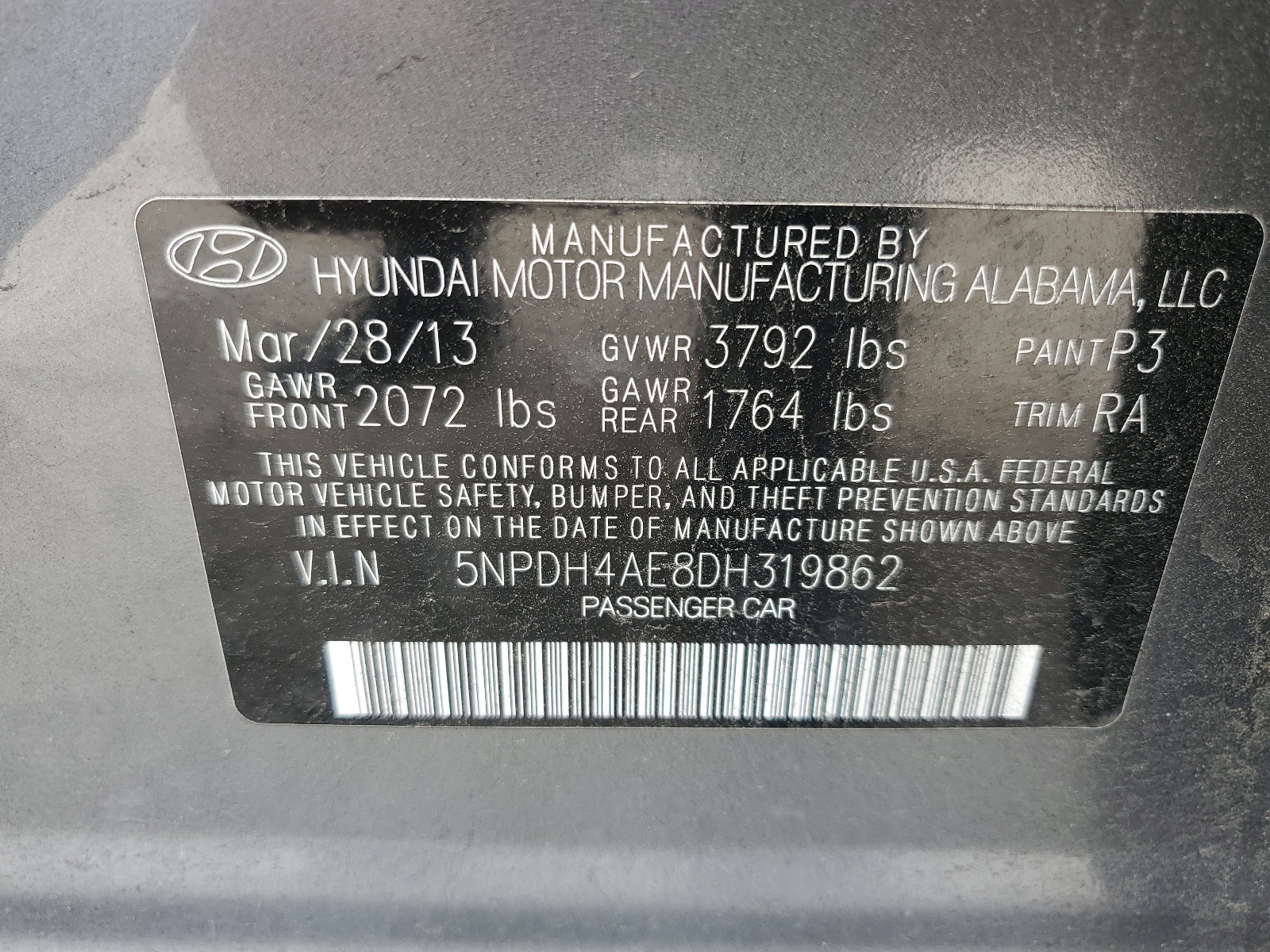 5NPDH4AE8DH319862 2013 Hyundai Elantra Gls